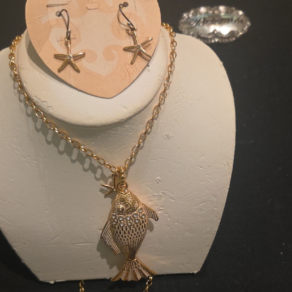 Brighton Gold Fish Pendant Necklace with Starfish Earrings